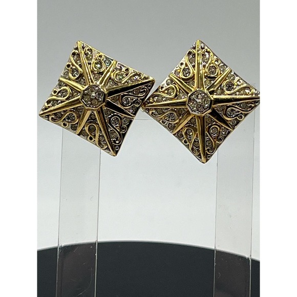 Swarovski Vintage Swan Square Gold Tone Rhinestone Clip On Earrings - Picture 2 of 16